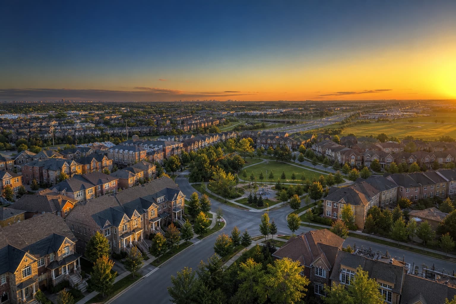 Illustrative aerial view of a master-planned suburban community at dusk, similar in character to Bridgelands in Woodbridge, Vaughan